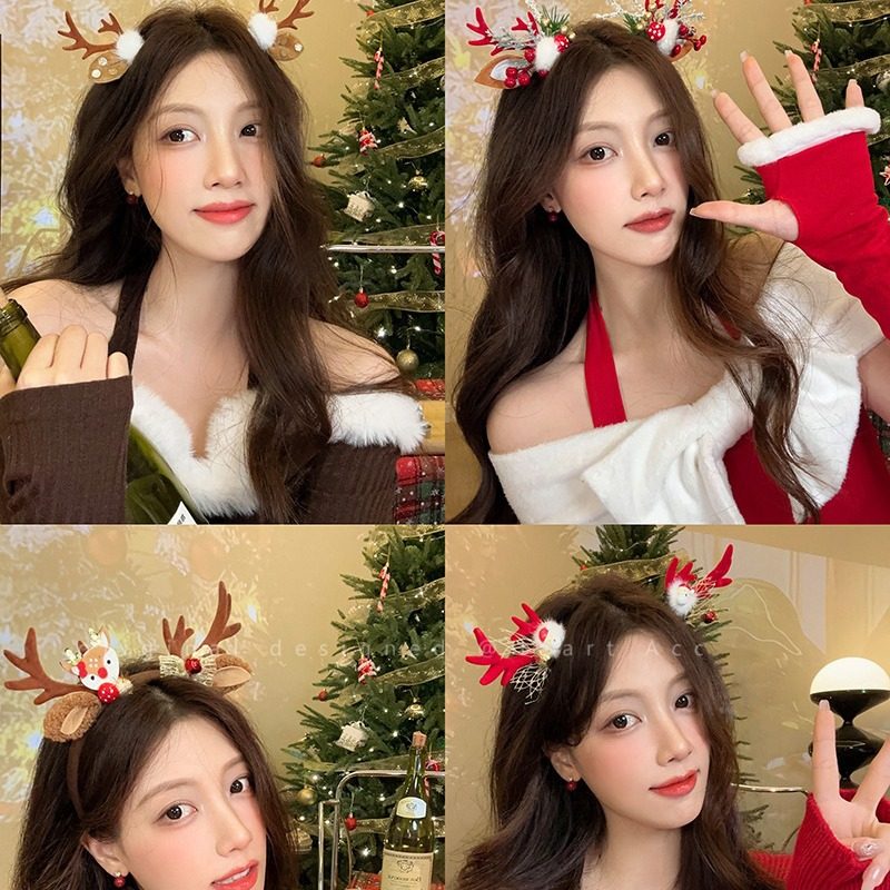 圣诞可爱小鹿侧边发夹女甜美立体圣诞帽鸭嘴夹秋冬毛绒红色小夹子,淘宝优惠券,粉丝福利购,淘宝优惠卷