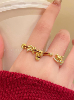 锆石木马开口戒指女小众独特童趣设计金色指环2025新款秋冬食指戒