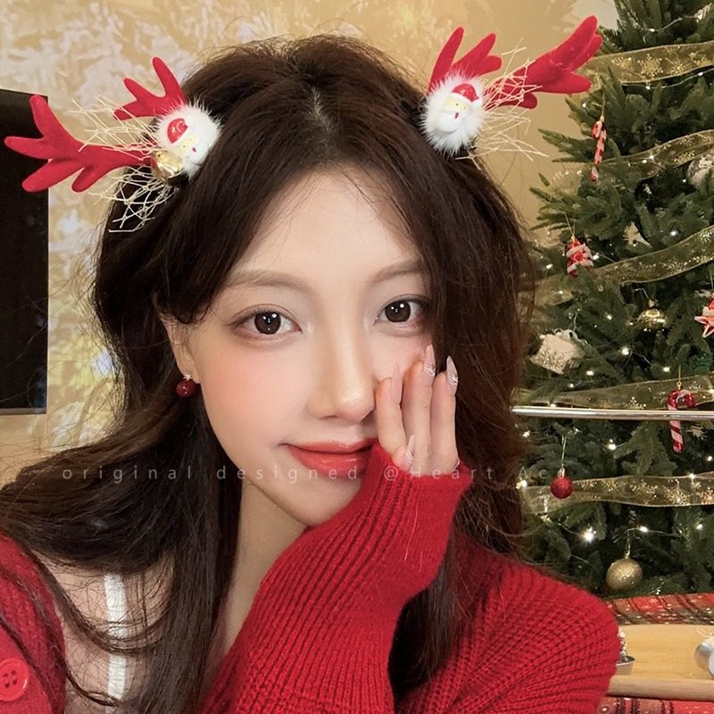 圣诞可爱小鹿侧边发夹女甜美立体圣诞帽鸭嘴夹秋冬毛绒红色小夹子,淘宝优惠券,粉丝福利购,淘宝优惠卷