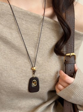 不规则镂空虎眼石吊坠项链秋冬复古长款抽拉毛衣链小众气质配饰女