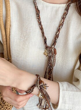 民族风编织小马项链女独特设计感复古布艺毛衣链波西米亚时尚配饰