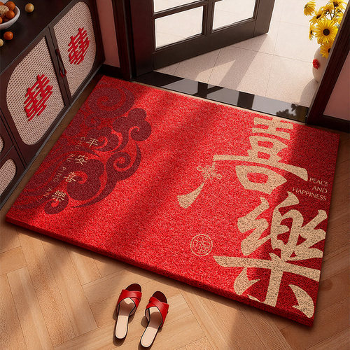 新年进门地垫入户门垫高级家用喜庆门口防滑垫子地毯红色丝圈脚垫 - 图0