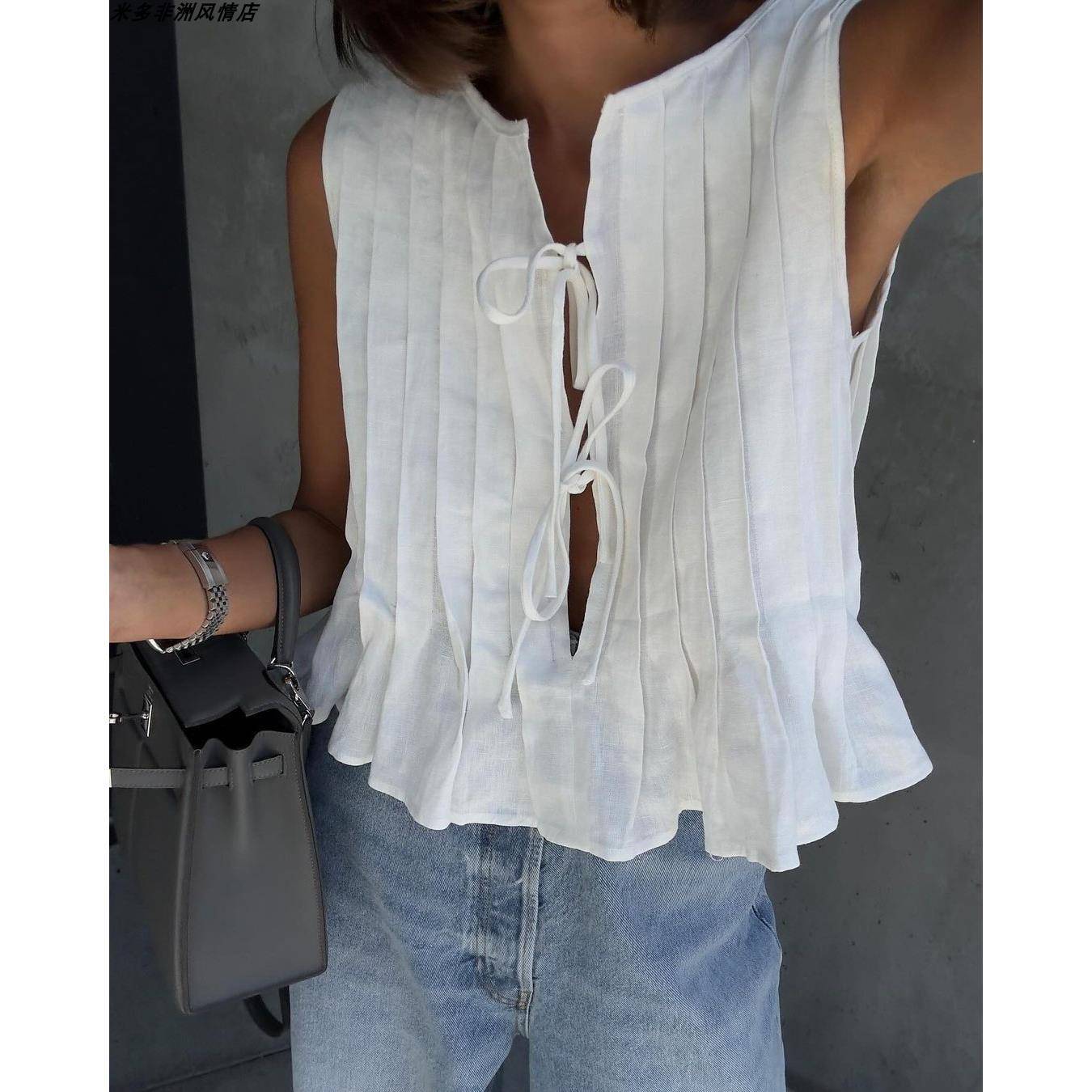 Ladies suits女装欧美棉麻褶边无袖衬衫绑带长裙半身裙套装Ins - 图1