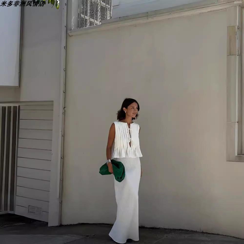 Ladies suits女装欧美棉麻褶边无袖衬衫绑带长裙半身裙套装Ins - 图2