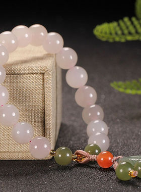 玉之舞和田玉藕粉白玉圆珠手链手串10mm女款时尚藕粉手串女款手链