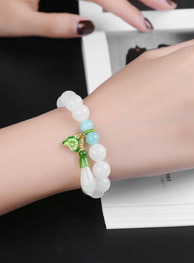 凤禧珠宝和田玉手链白玉圆珠玉兰花玉石手串女款生日新年礼物