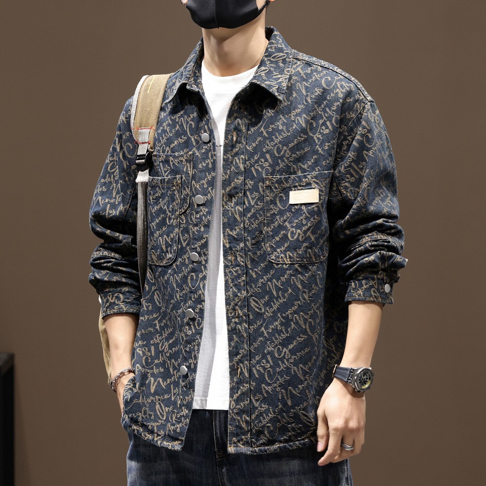 牛仔衬衫男士2025秋季新款提花复古翻领休闲长袖衬衣工装外套 - 图2