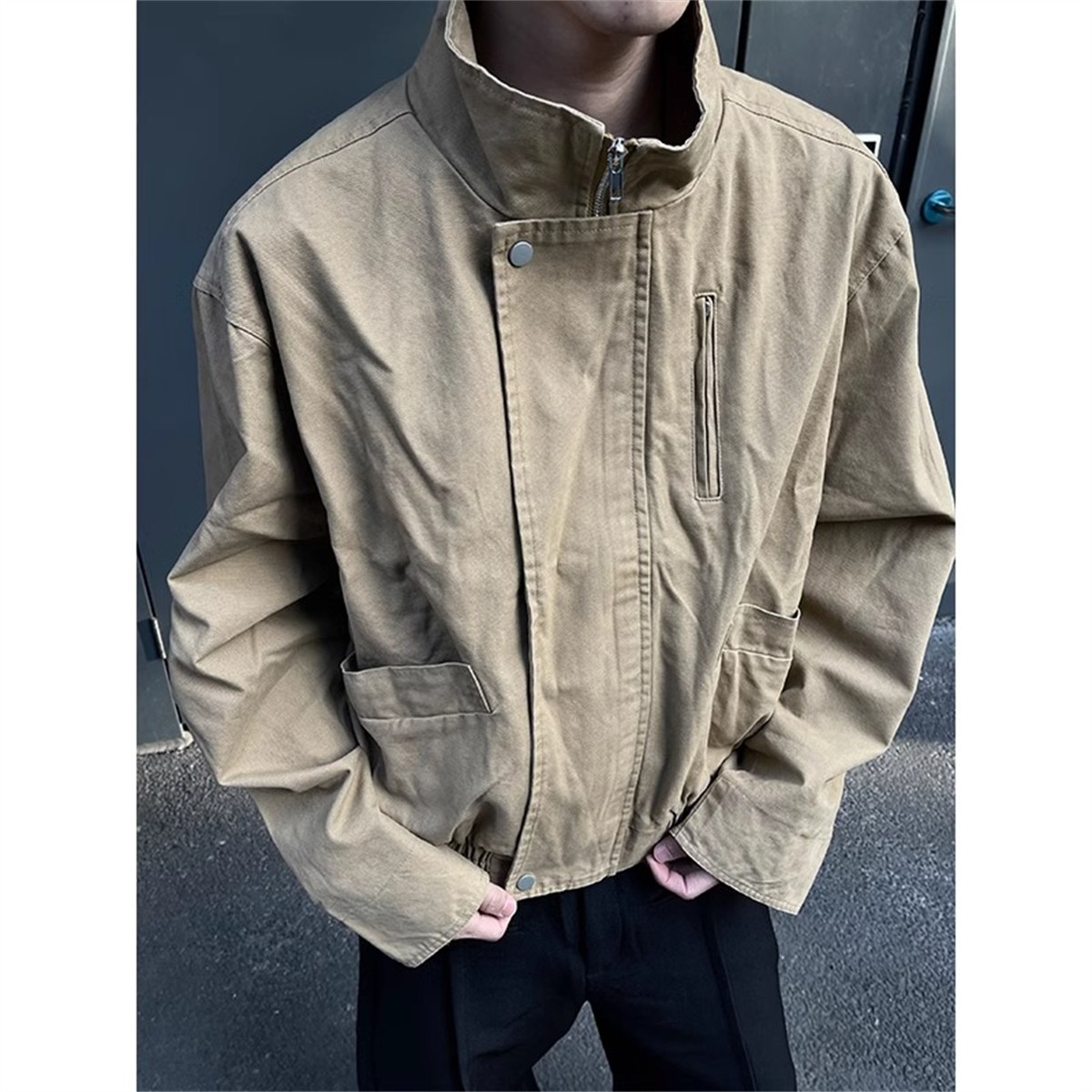 巴恩风卡其色短宽飞行夹克男春秋美式bomber廓形立领做旧工装外套 - 图0