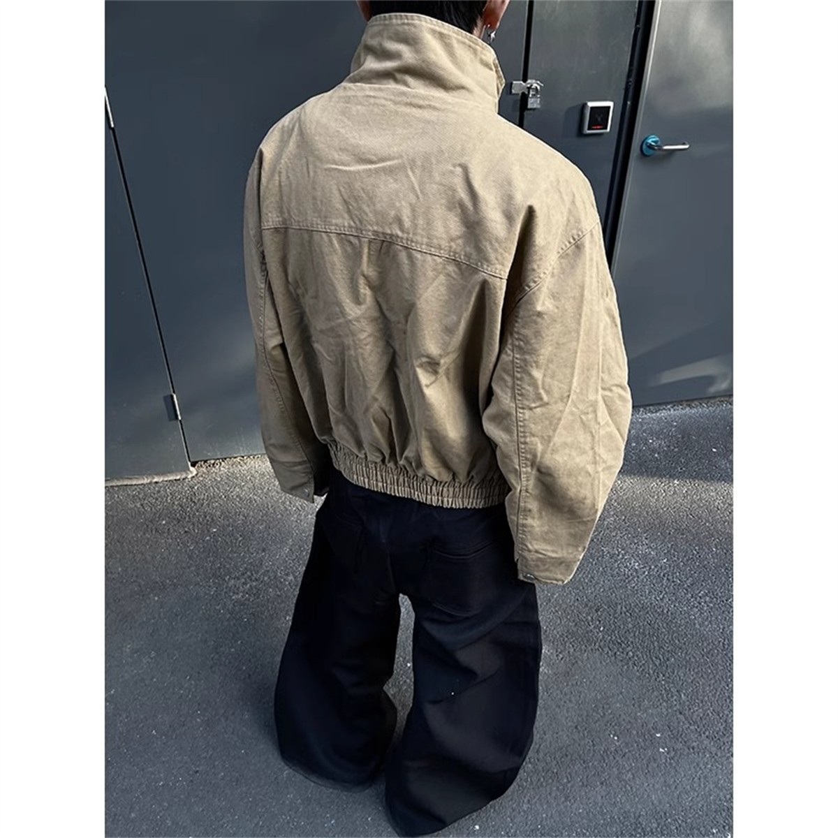 巴恩风卡其色短宽飞行夹克男春秋美式bomber廓形立领做旧工装外套 - 图1