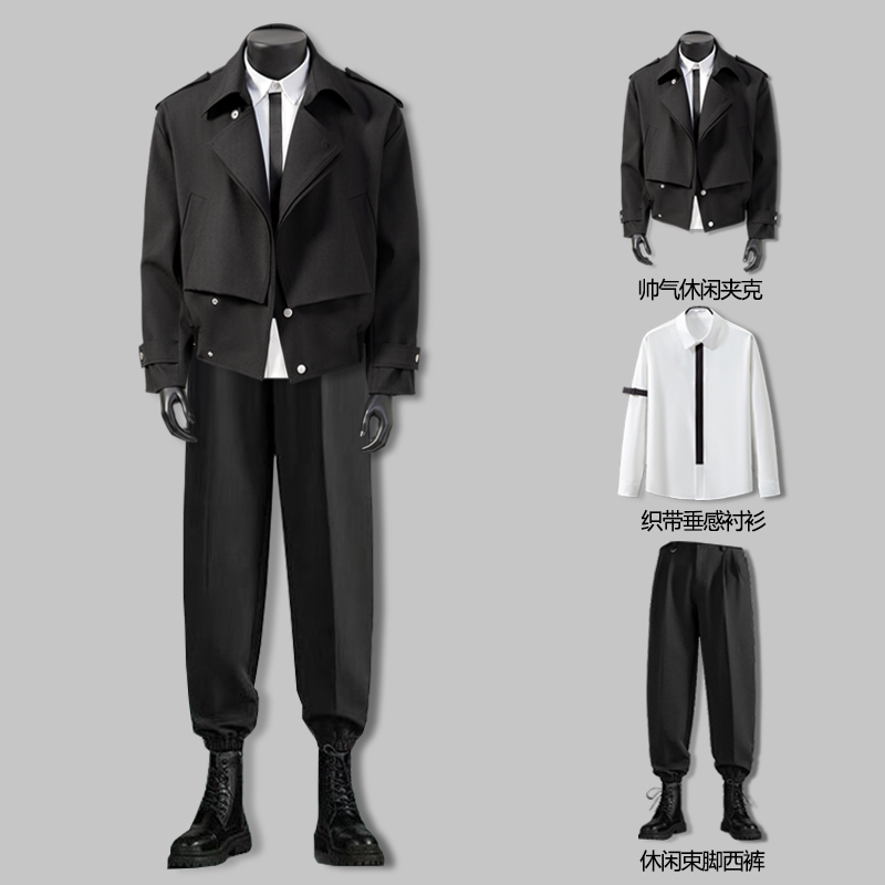 2025春装新款工装西装领夹克男士潮流百搭帅气外套男模一整套穿搭 - 图2