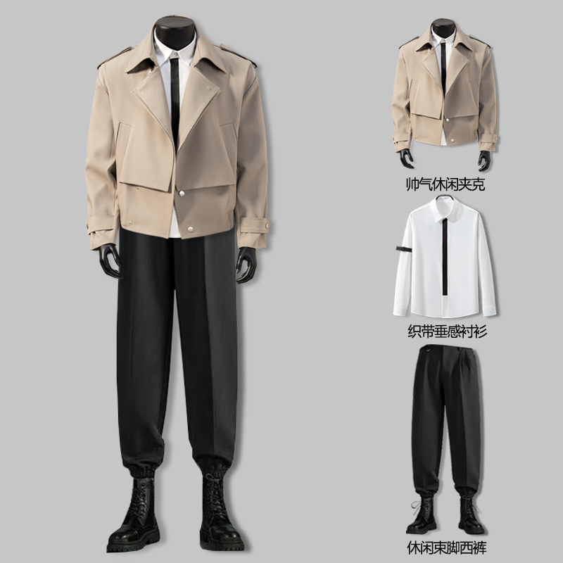 2025春装新款工装西装领夹克男士潮流百搭帅气外套男模一整套穿搭 - 图3