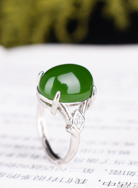 新疆和田碧玉女款戒指活扣戒子网红款925银镶嵌老坑碧玉指环首饰