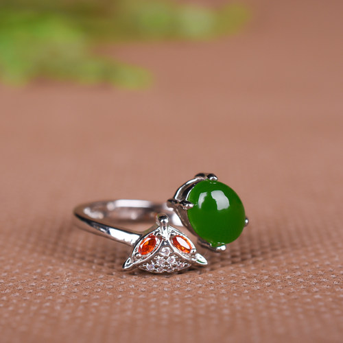 新疆和田玉碧玉狐狸头纯银可调节戒指 时尚女款简约活扣指环手饰 - 图1