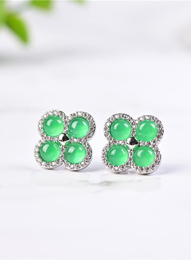 玉石匠翡翠色四叶草耳钉 祖母绿色韩款耳坠 时尚网红银镶嵌耳饰品