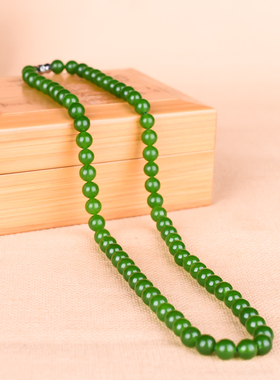 玉石匠新疆和田玉碧玉项链菠菜绿色女士项链 原石打磨圆珠6mm