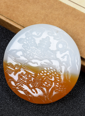 新疆和田玉糖白玉山水挂件糖料黄玉旭日东升玉佩吊坠迎客松玉吊坠