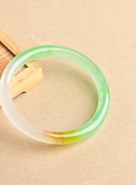 玉石匠翡翠色细圆条玉手镯 网红时尚女款三色飘花巴山翡翠手镯子