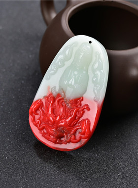 新疆和田玉观音吊坠鸡血红玉御龙观音牌子男款降龙观音菩萨挂件