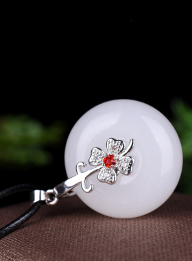 新疆和田白玉平安扣镶嵌玉吊坠 金丝玉女款项链转运珠玉坠毛衣链