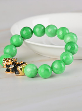 玉石匠祖母绿色圆珠手链 景泰蓝鎏金貔貅手串 翡翠转运皮休首饰