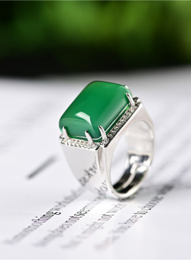 翡翠色男款方形戒指阳绿色玉髓大扳指 925银镶嵌满绿帝王绿手饰