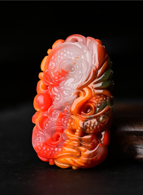 和田玉生肖龙挂件 鸡血玉龙牌吊坠 男女款五彩玉金丝玉龙玉牌玉坠