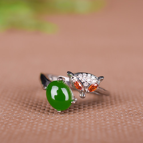 新疆和田玉碧玉狐狸头纯银可调节戒指 时尚女款简约活扣指环手饰 - 图0