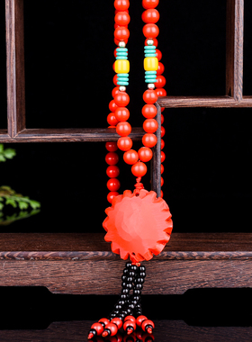 原矿朱砂复古吊坠毛衣链挂件车挂女长款简约时尚玫瑰花菊花项链