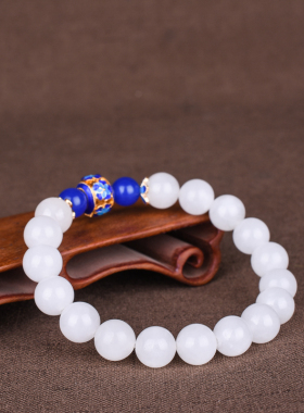 玉石匠新疆和田玉白玉手链 时尚男女款羊脂白玉景泰蓝配珠手串