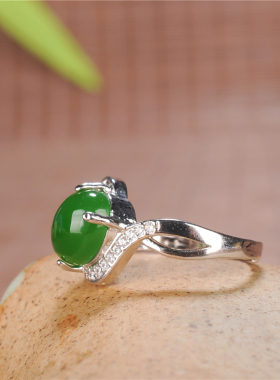 新疆和田玉碧玉戒指 女款时尚925银镶嵌玉戒指 潮流女士玉指环