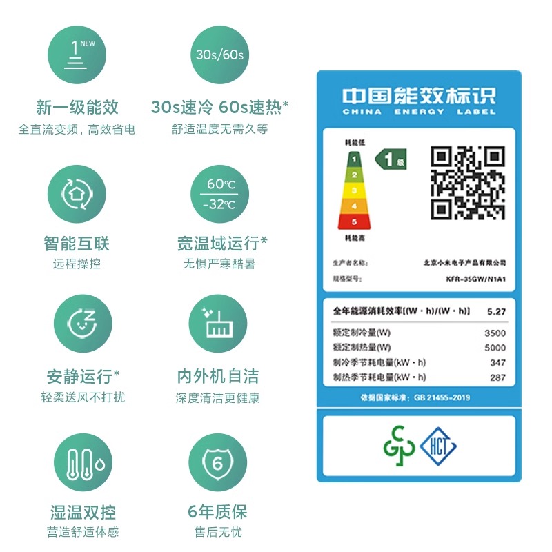 小米空调巨省电1.5匹新一级能效变频冷暖家用室内挂机35GW/N1A1 - 图2