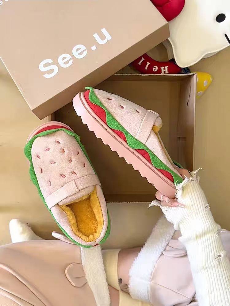 网红汉堡拖鞋女冬季保暖家居家用防滑情侣加绒厚底博肯棉拖鞋外穿,淘宝优惠券,粉丝福利购,淘宝优惠卷