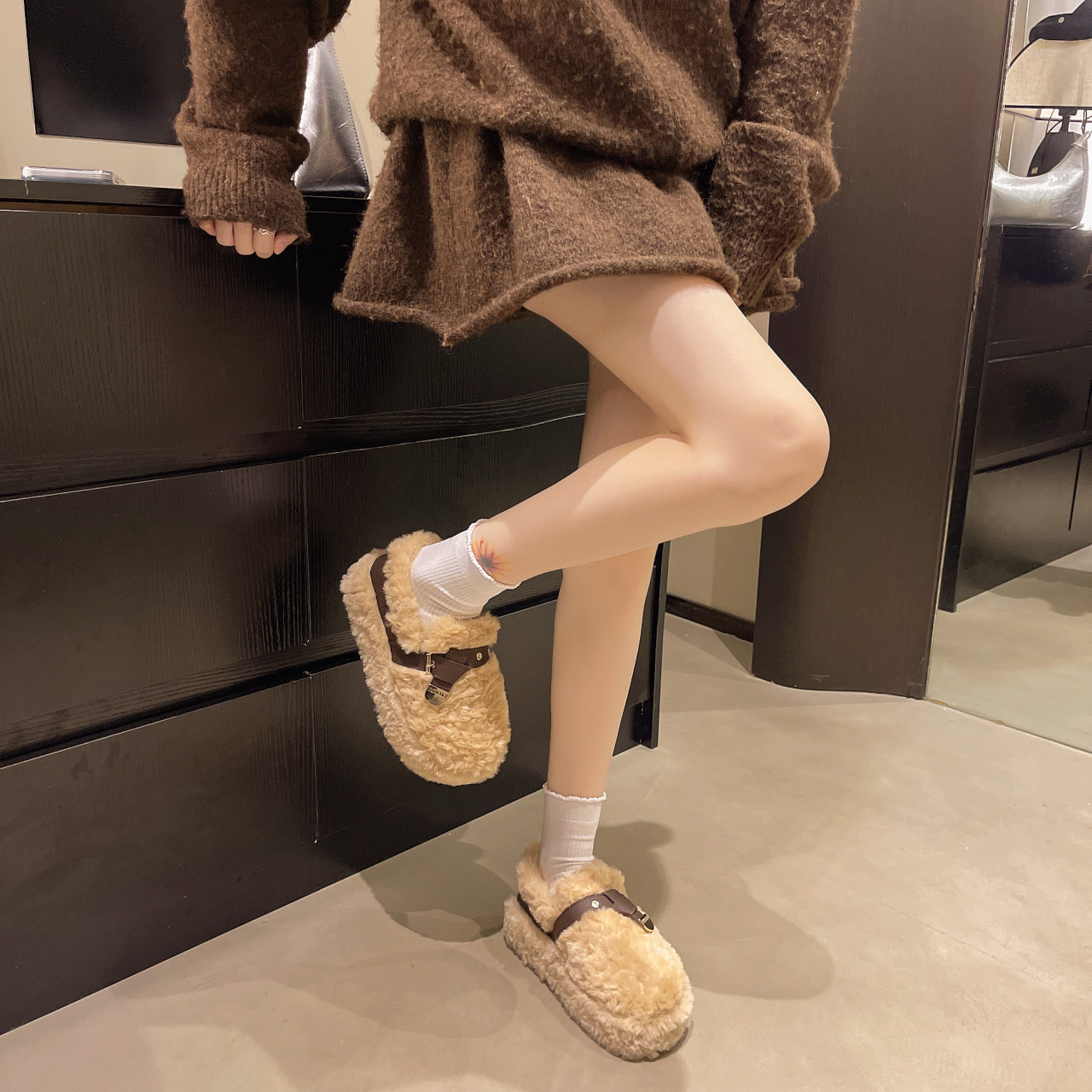 羊羔毛毛鞋女秋冬新款外穿厚底加绒懒人舒适增高一脚蹬豆豆棉鞋潮,淘宝优惠券,粉丝福利购,淘宝优惠卷