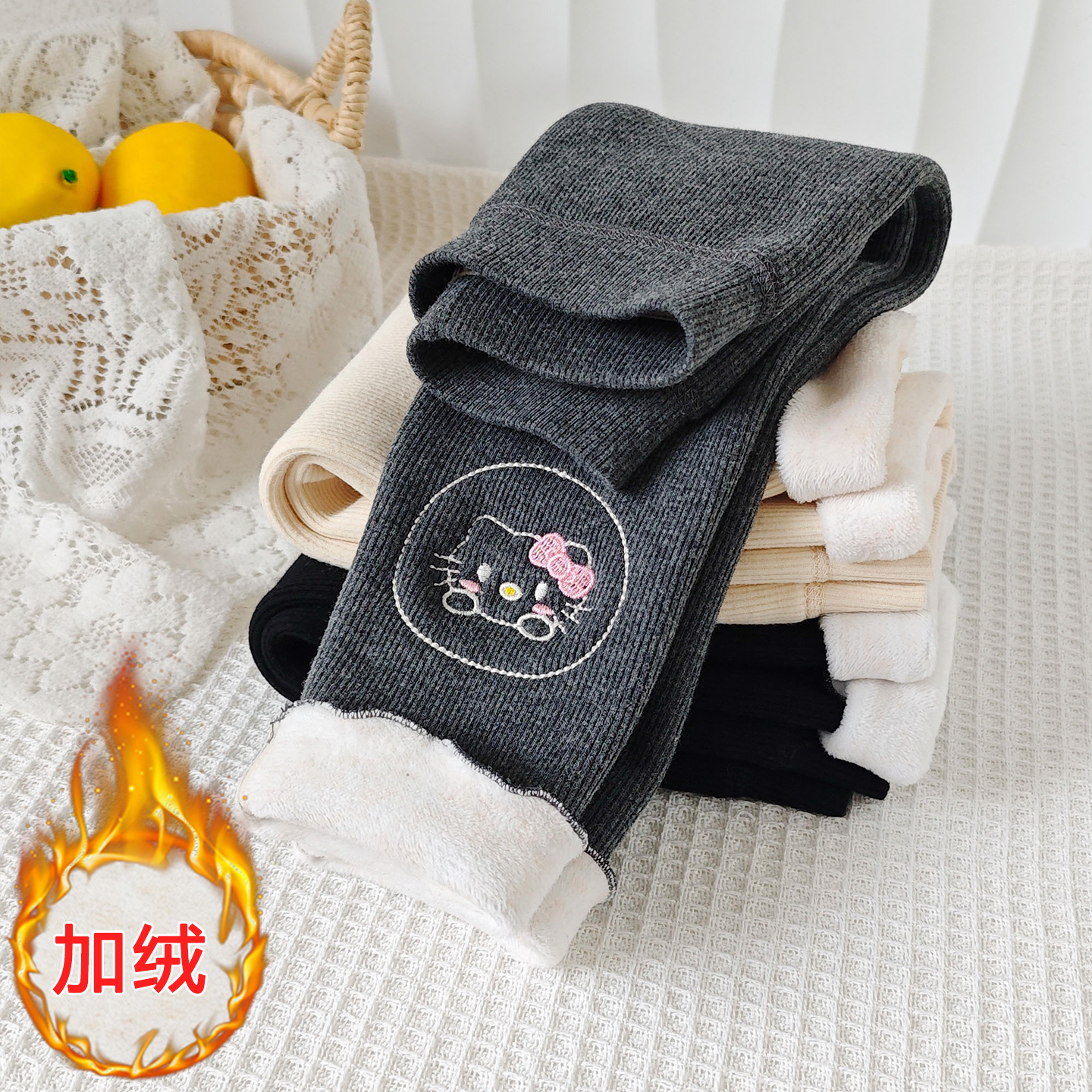 无骨女童加绒打底裤秋冬季韩版宝宝加厚一体绒外穿长裤保暖裤子 - 图1