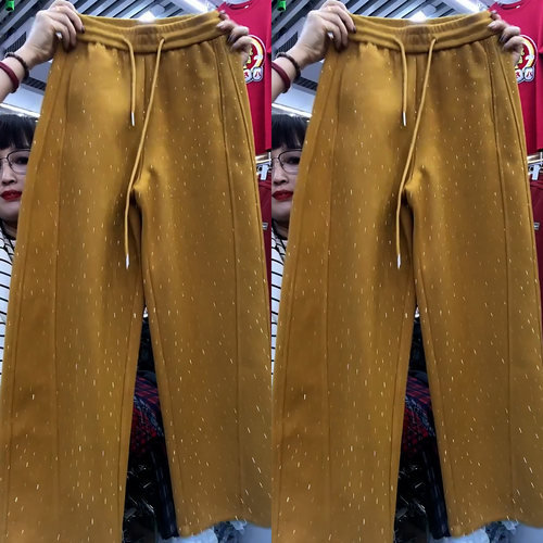 黄色高腰烫钻休闲弯刀裤女2026春季新款胖妹妹洋气显瘦抽绳阔腿裤 - 图2