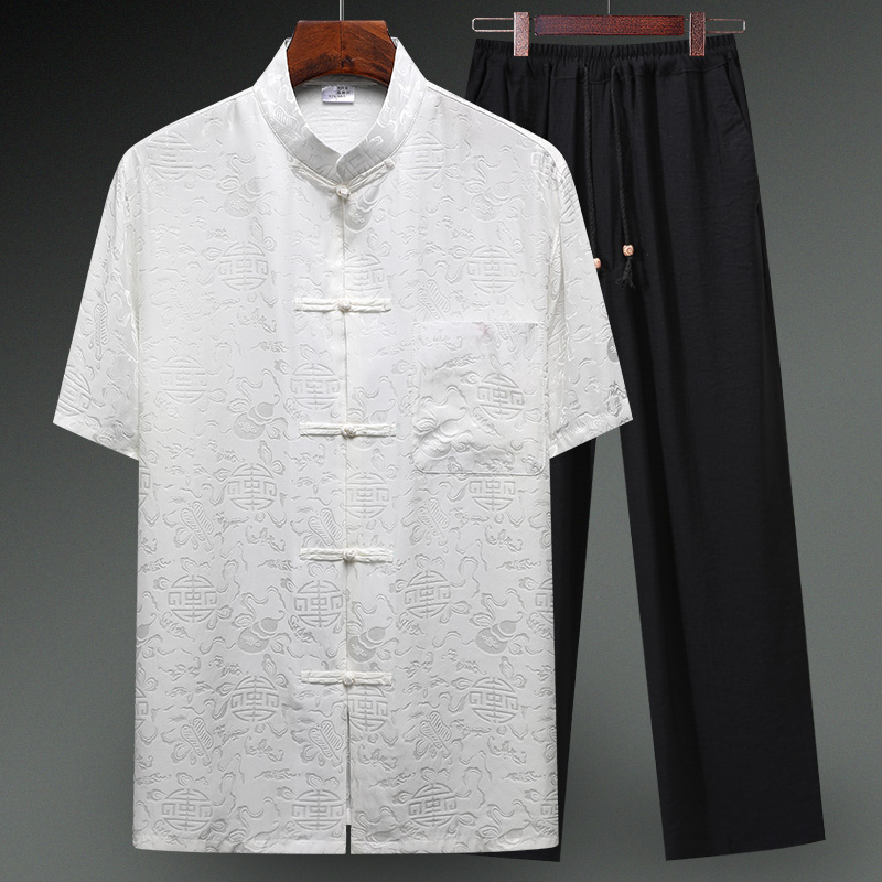 文笙服饰旗舰店唐装男真丝绸缎短袖套装中老年人爸爸装桑蚕丝中国风中式爷爷夏装1
