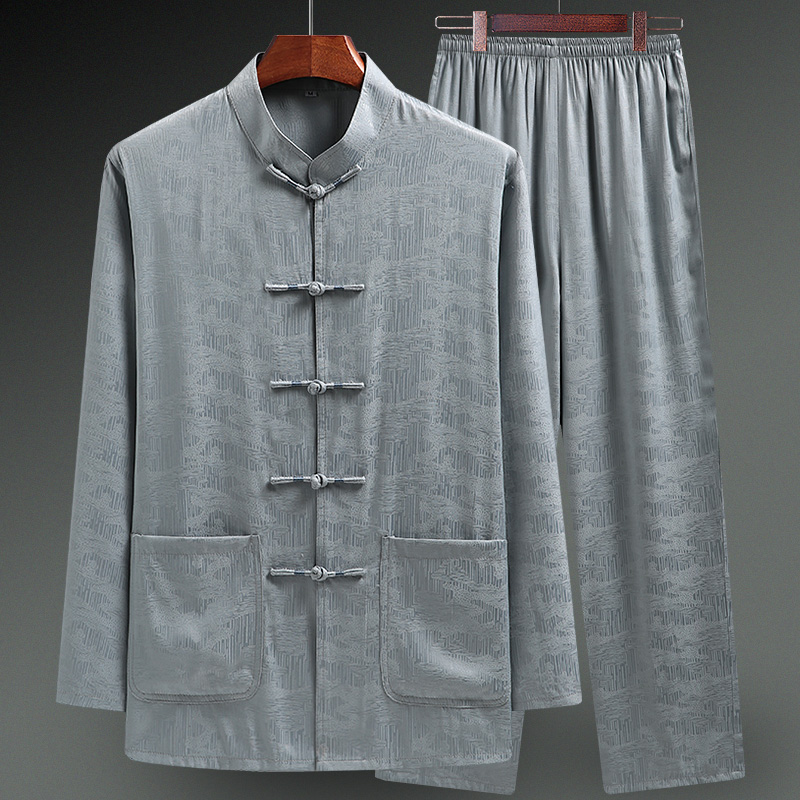 文笙服饰旗舰店唐装男中老年爸爸套装老人衣服爷爷春夏款冰丝薄款长袖中国风衬衫0