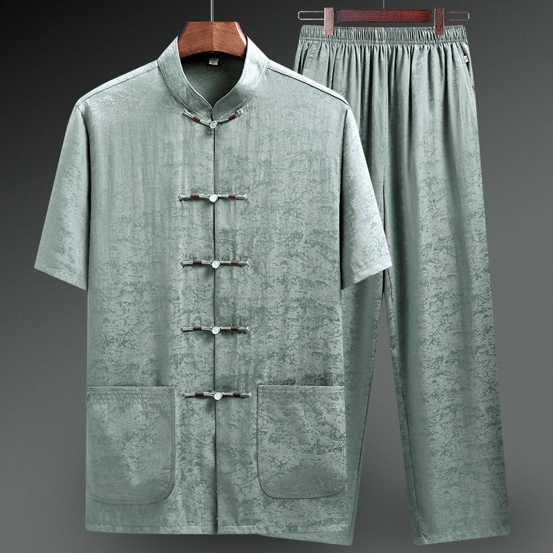 文笙服饰旗舰店唐装男士薄款短袖套装老人爷爷夏天衣服中国风男装中老年爸爸夏装0