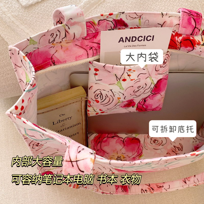 ANDCICI@佛洛花室~水墨油画包~带拉链帆布包通勤手提单肩包托特包 - 图2