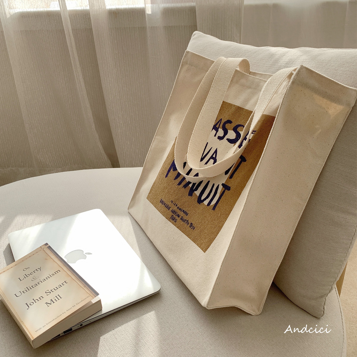 ANDCICI@PARIS法系撞色设计感帆布包男女学生书包大购物袋子 - 图0