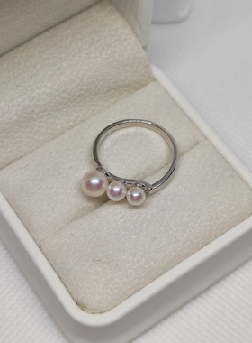 天然淡水真珍珠正圆三珠近无瑕纯银活口戒指精致时尚节日礼物礼盒