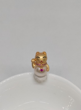 纯银镀金招财猫天然淡水珍珠正圆极强光节日礼物配纯银黄链  孤品
