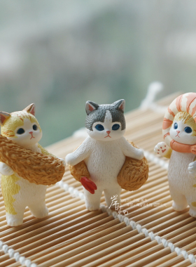 可爱炸虾戴头套猫咪公仔摆件