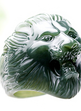 四通新疆和田玉戒指天然塔青玉狮子头板戒男款玉石醒狮王霸气饕餮