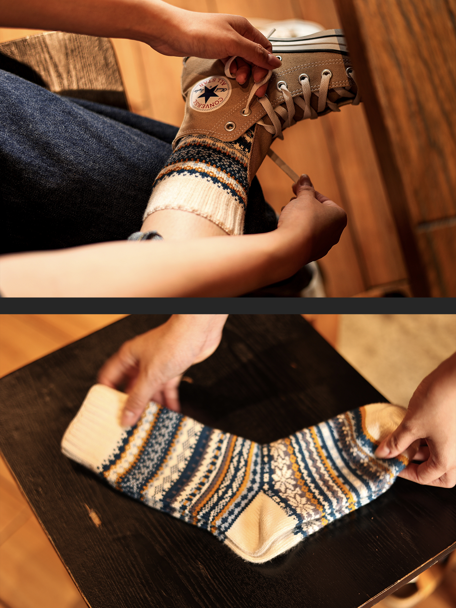 Beeff男女 冬季雪花民族风袜子保暖 棉 针织粗线中筒长袜无骨加厚 - 图1