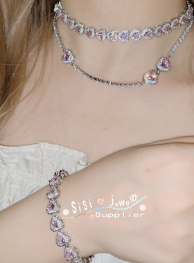 Sisi璀璨粉爱心宝石颈链 镀18K金 微镶心型锆石项链手链套装直播