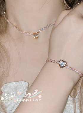 Sisi miu水蓝宝石璀璨链条项链 贵气质感 镀18K金 海蓝锆手链套装