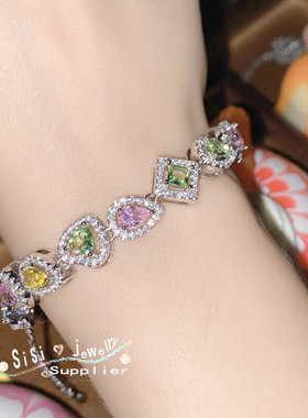 Sisi新品璀璨孔雀绿宝石手链 镀18K海蓝托帕满钻爱心彩锆手饰