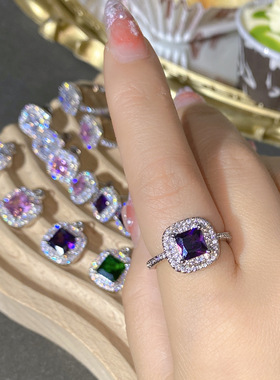 Sisi香港复古彩宝幽紫戒指 镀18K奢华微镶璀璨多切面粉锆活口指环