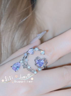 SIsi原设高定日系luna超仙宫廷戒指 镀金镶璀璨海蓝宝锆小众指环